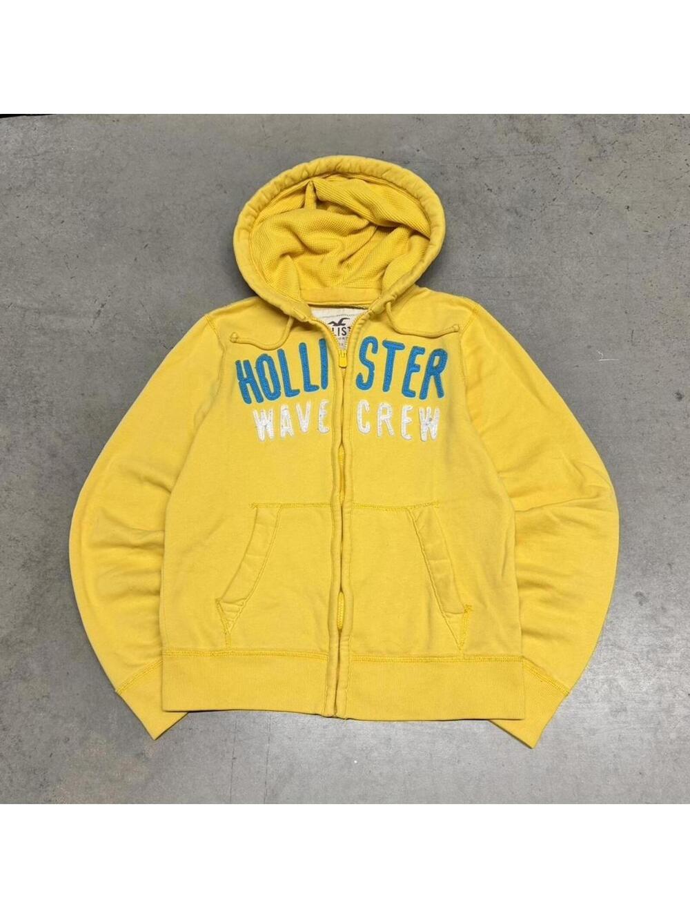 Hollister Zip Up Hoodie Mens Medium Yellow Wave Crew Surf Thermal Vintage Y2K